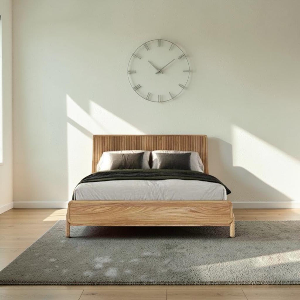 Homecrest modern platform bed with a natural wood slatted headboard in a minimalist bedroom setting