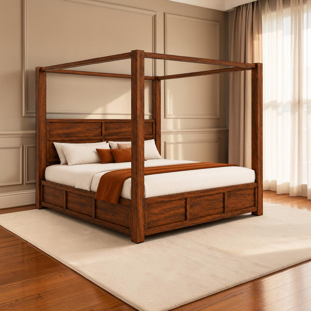 Homecrest modern canopy bed in dark wood with a panel headboard and storage base in a bright bedroom setting.