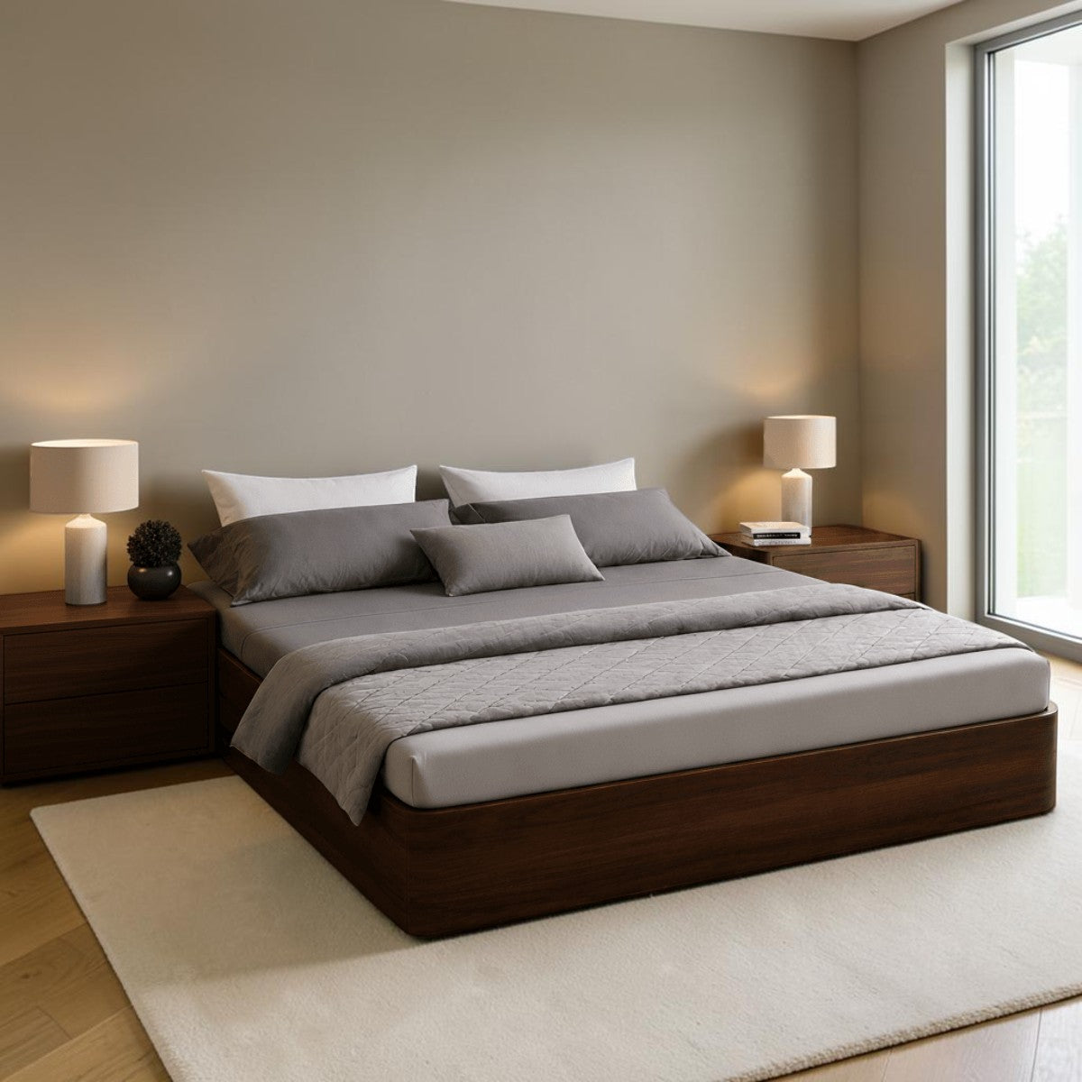 Homecrest Neave solid sheesham wood storage bed frame in dark wood finish, featuring a low-profile headboard-less design.