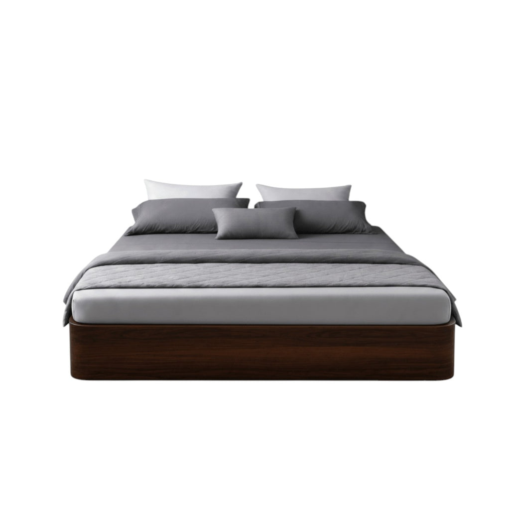 Homecrest Neave solid sheesham wood storage bed in dark finish, featuring a minimalist headboard-free design.