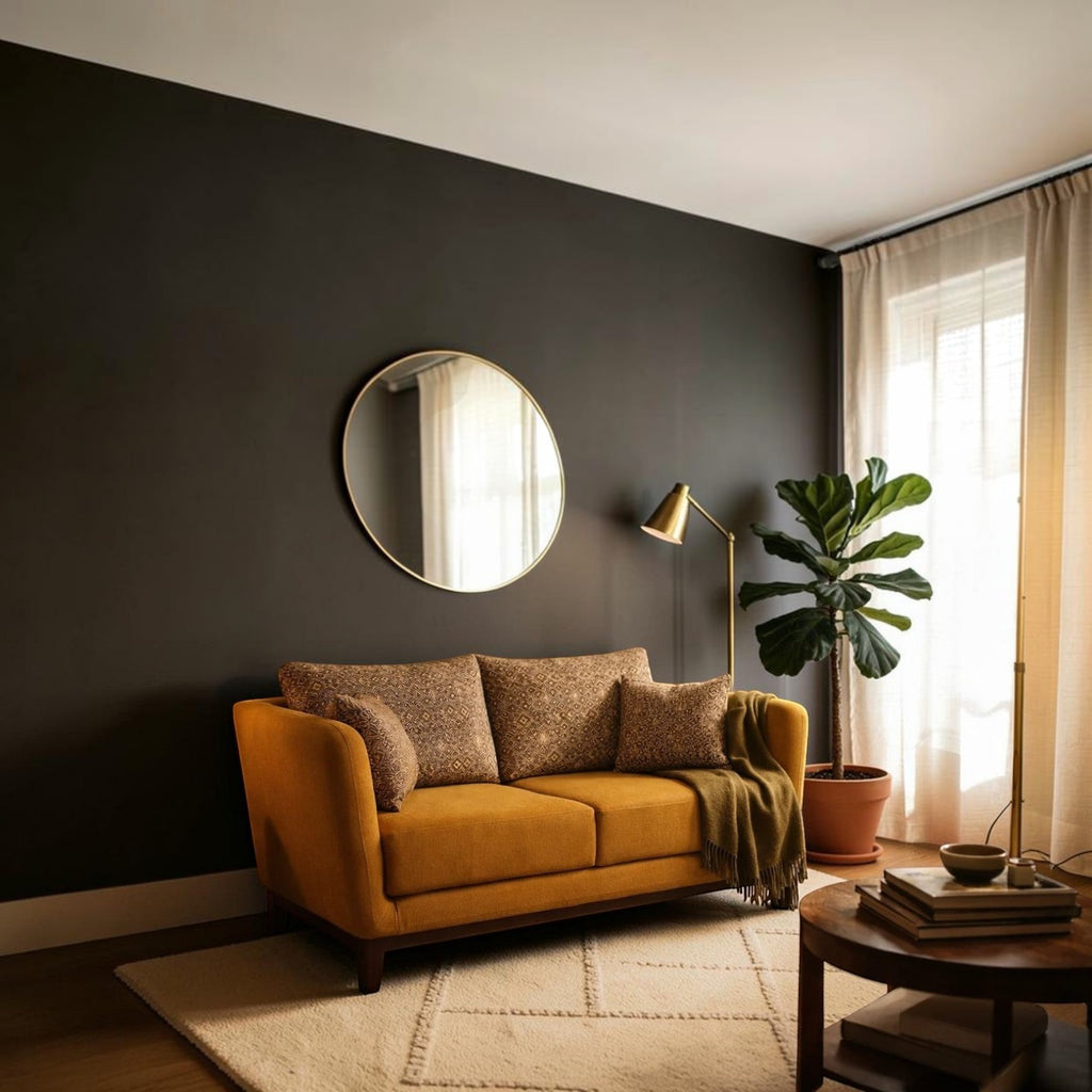 Homecrest 2-seater sofa in mustard fabric with patterned cushions and solid wood base in a cozy living room setting
