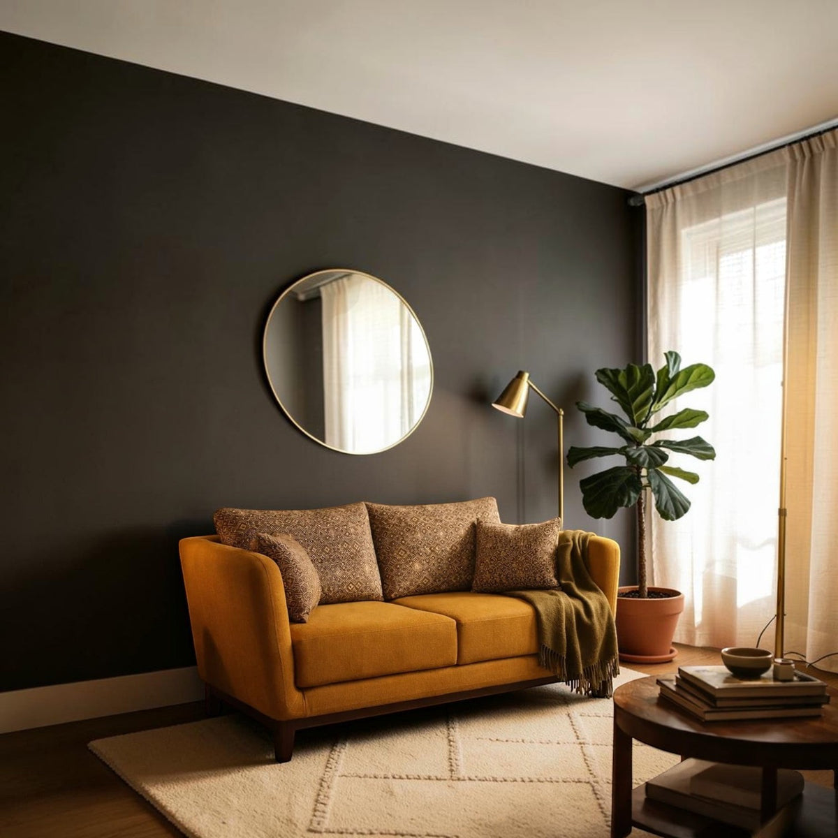 Homecrest 2-seater sofa in mustard fabric with patterned cushions and solid wood base in a cozy living room setting