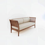 Homecrest Naunton sofa set in sheesham wood with a teak finish, featuring beige upholstered cushions and slatted arms.