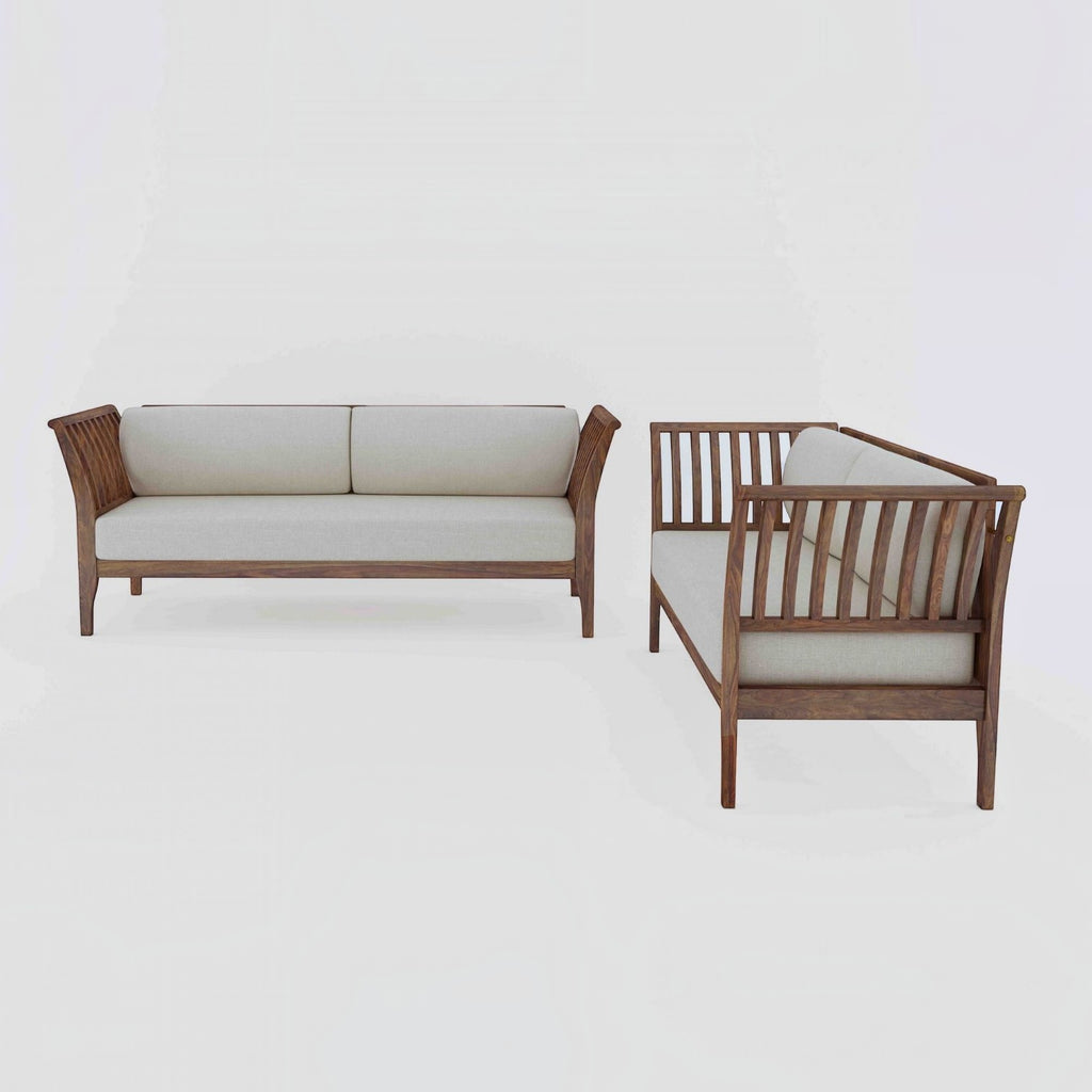 Homecrest Naunton sofa set in sheesham wood with a teak finish and light beige upholstered cushions