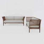 Homecrest Naunton sofa set in sheesham wood with a teak finish and light beige upholstered cushions