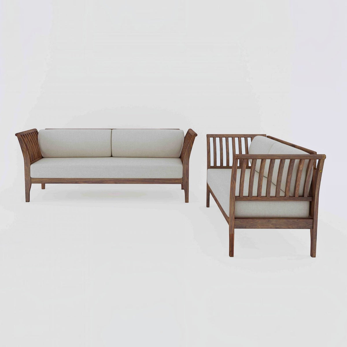 Homecrest Naunton sofa set in sheesham wood with a teak finish and light beige upholstered cushions