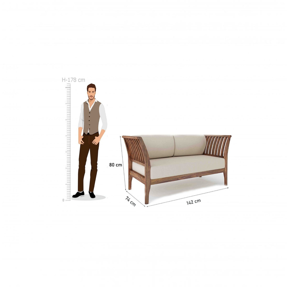 Homecrest Naunton sheesham wood sofa with teak finish, beige upholstered cushions, and slatted armrests.