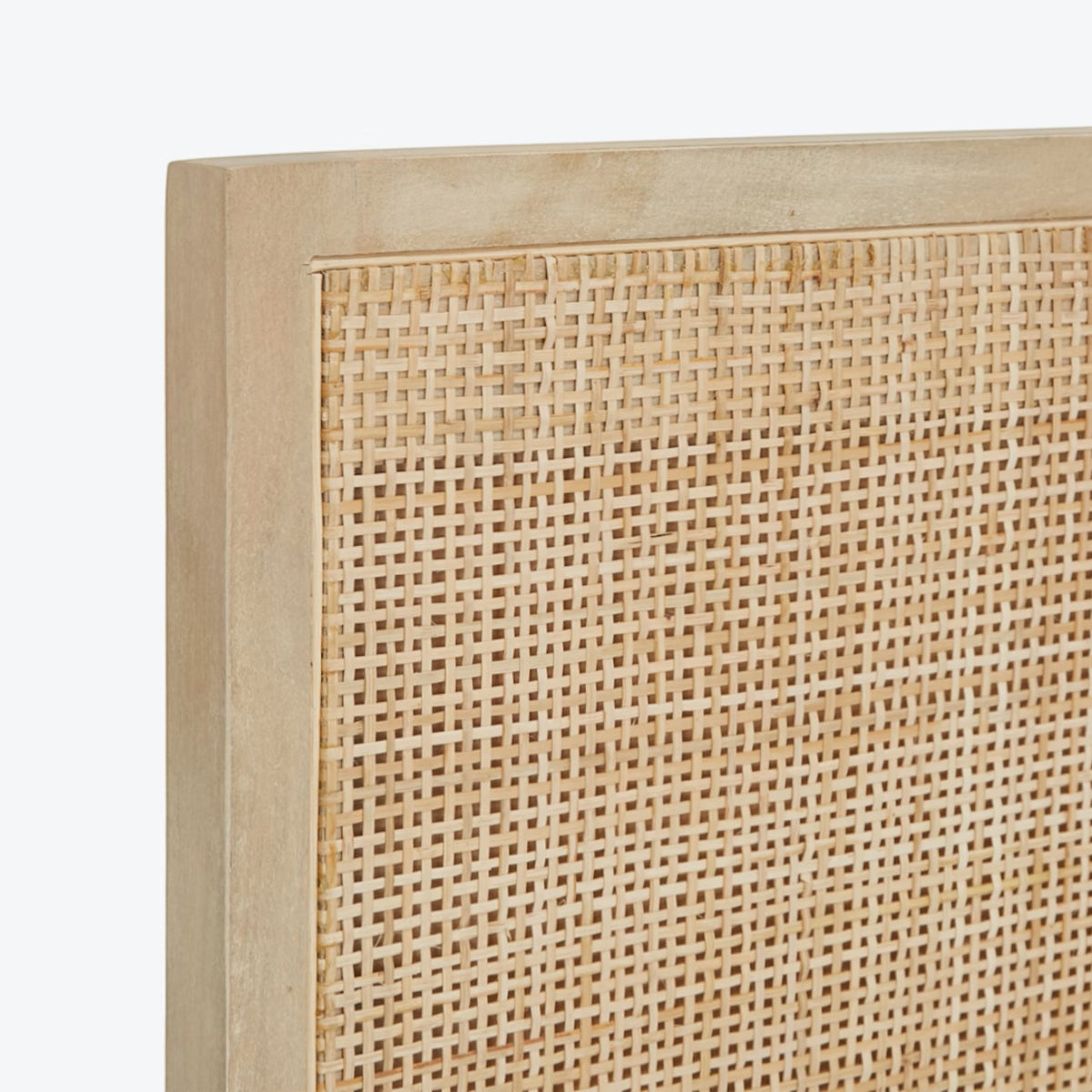 Homecrest natural mango wood bed frame with a detailed woven rattan headboard panel