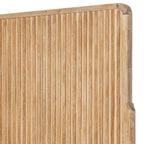 Close-up of a Homecrest modern Scandinavian platform bed featuring a natural wood slatted headboard design.