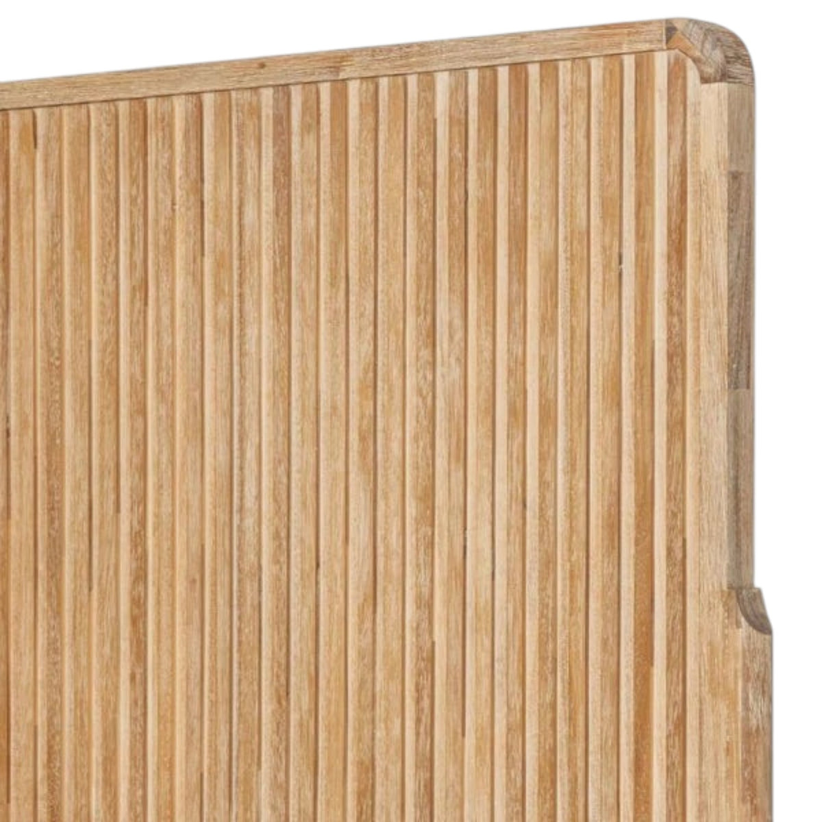 Close-up of a Homecrest modern Scandinavian platform bed featuring a natural wood slatted headboard design.