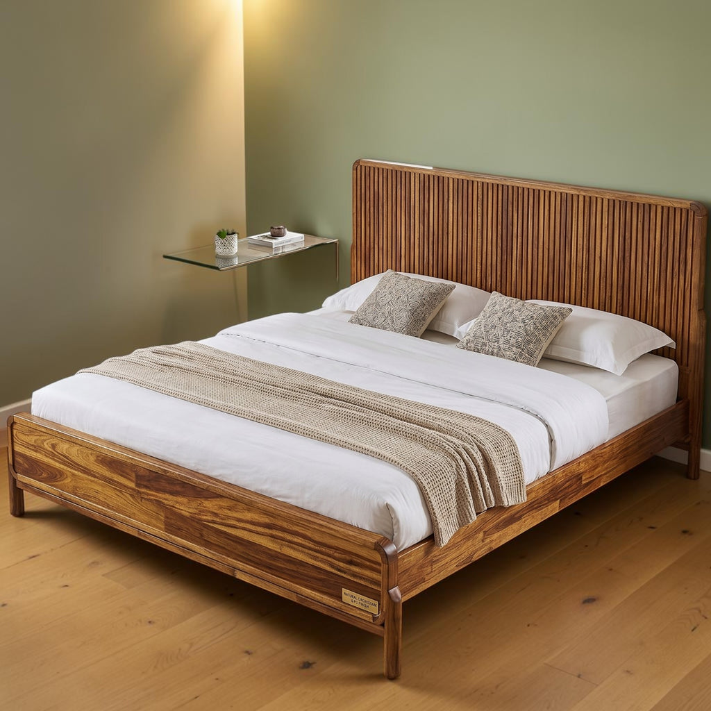 Homecrest modern Scandinavian platform bed in natural wood with a vertical slatted headboard in a bedroom setting.