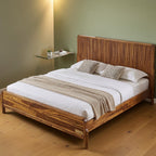 Homecrest modern Scandinavian platform bed in natural wood with a vertical slatted headboard in a bedroom setting.