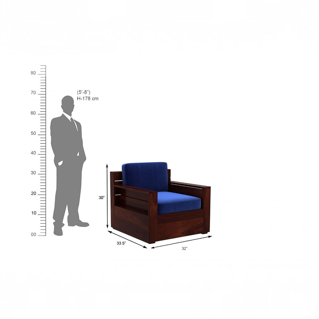 Homecrest Netley 5 seater wooden sofa set in blue fabric with walnut finish sheesham wood frame and dimension guide