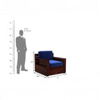 Homecrest Netley 5 seater wooden sofa set in blue fabric with walnut finish sheesham wood frame and dimension guide