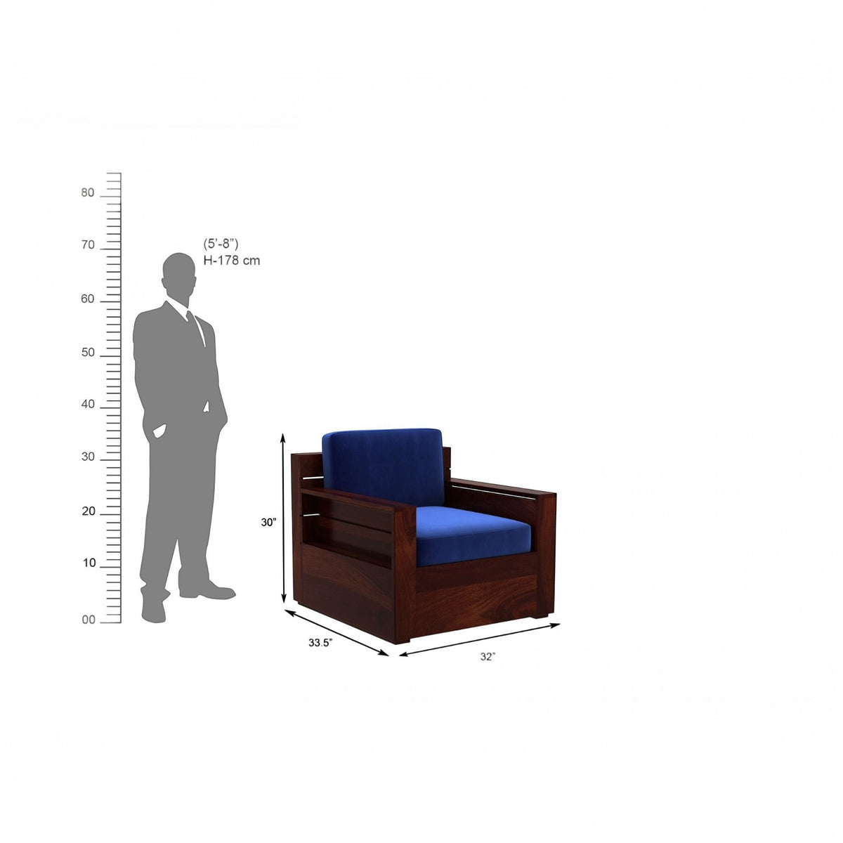 Homecrest Netley 5 seater wooden sofa set in blue fabric with walnut finish sheesham wood frame and dimension guide