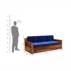 Homecrest Netley 5 seater wooden sofa in blue upholstery with walnut finish and dimension measurements