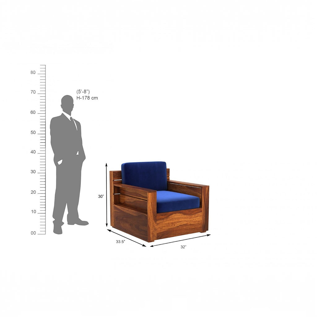 Homecrest Netley 5 seater wooden sofa set in blue fabric with walnut finish sheesham wood frame and dimension guide