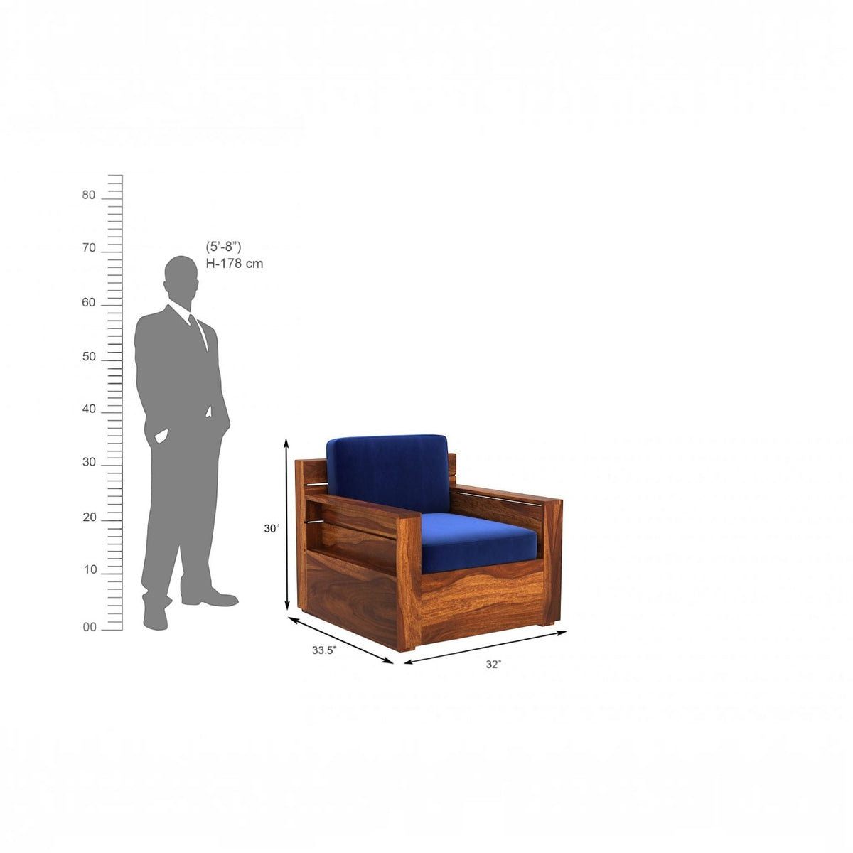 Homecrest Netley 5 seater wooden sofa set in blue fabric with walnut finish sheesham wood frame and dimension guide