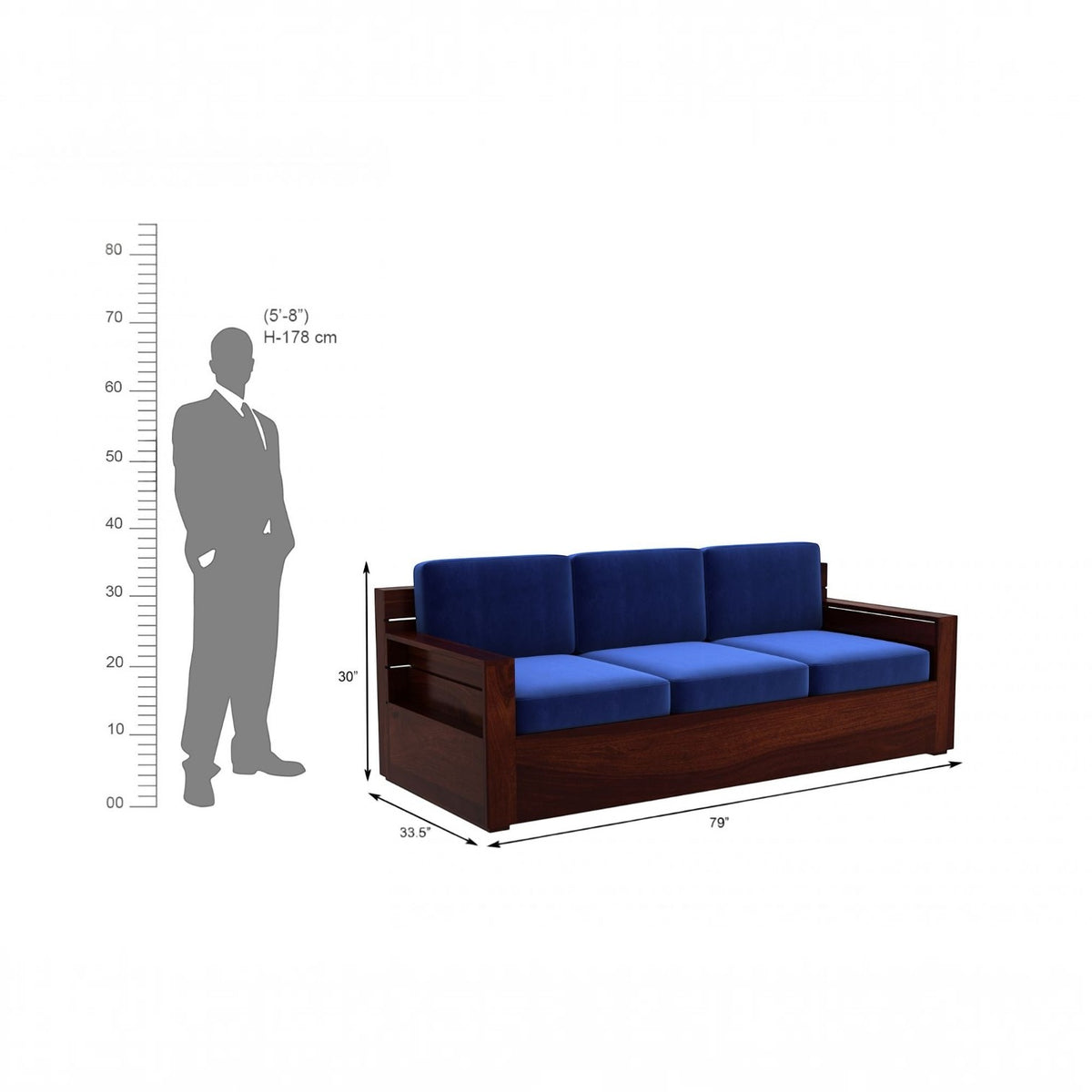Homecrest Netley 3-seater blue velvet sofa with walnut finish sheesham wood frame and dimension guide