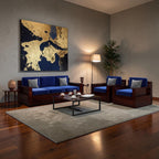 Homecrest Netley 5 seater sofa set in blue fabric with dark walnut finish sheesham wood frames in a living room