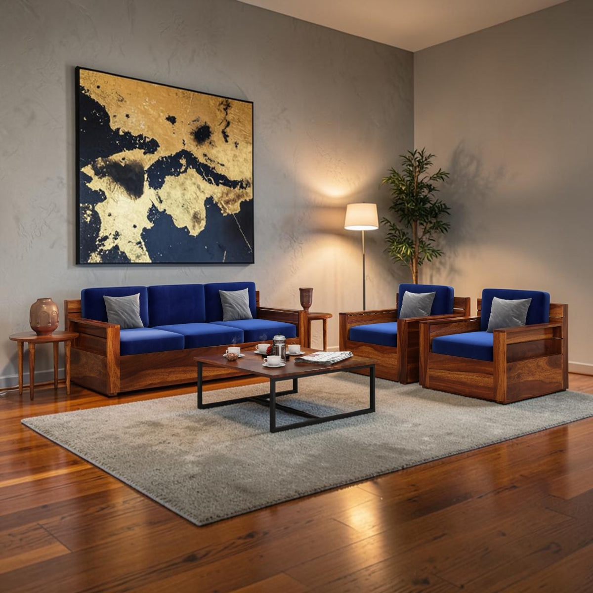Homecrest Netley 5 seater sofa set in blue fabric with walnut finish Sheesham wood frame in a modern living room