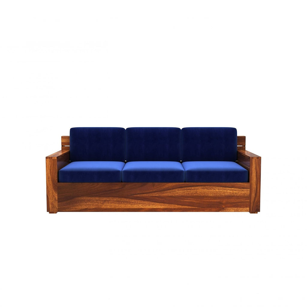 Homecrest Netley 5 seater Chesterfield sofa featuring a rich walnut finish Sheesham wood frame and blue velvet cushions