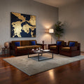 Homecrest Netley 5 seater brown sheesham wood sofa set with blue cushions in a modern living room setting