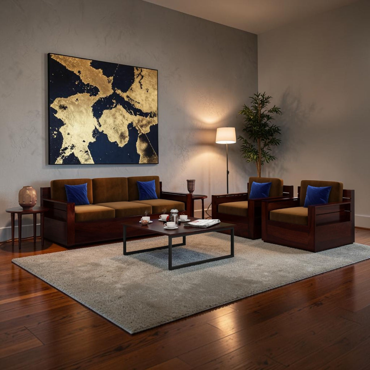 Homecrest Netley 5 seater brown sheesham wood sofa set with blue cushions in a modern living room setting