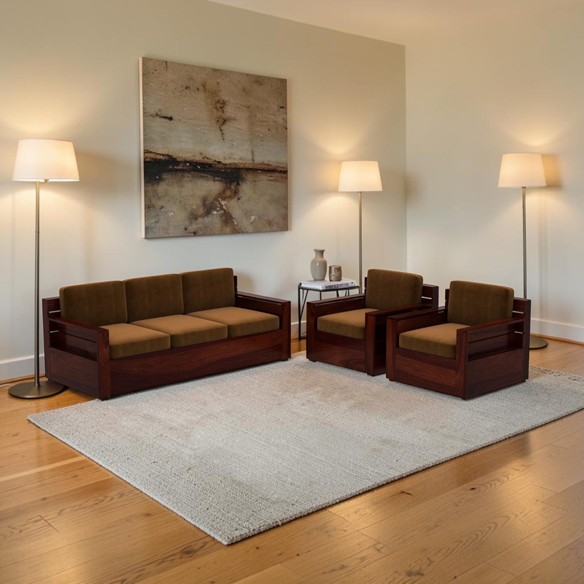 Homecrest Netley 5 seater brown Chesterfield sofa set with walnut finish Sheesham wood frame in a living room