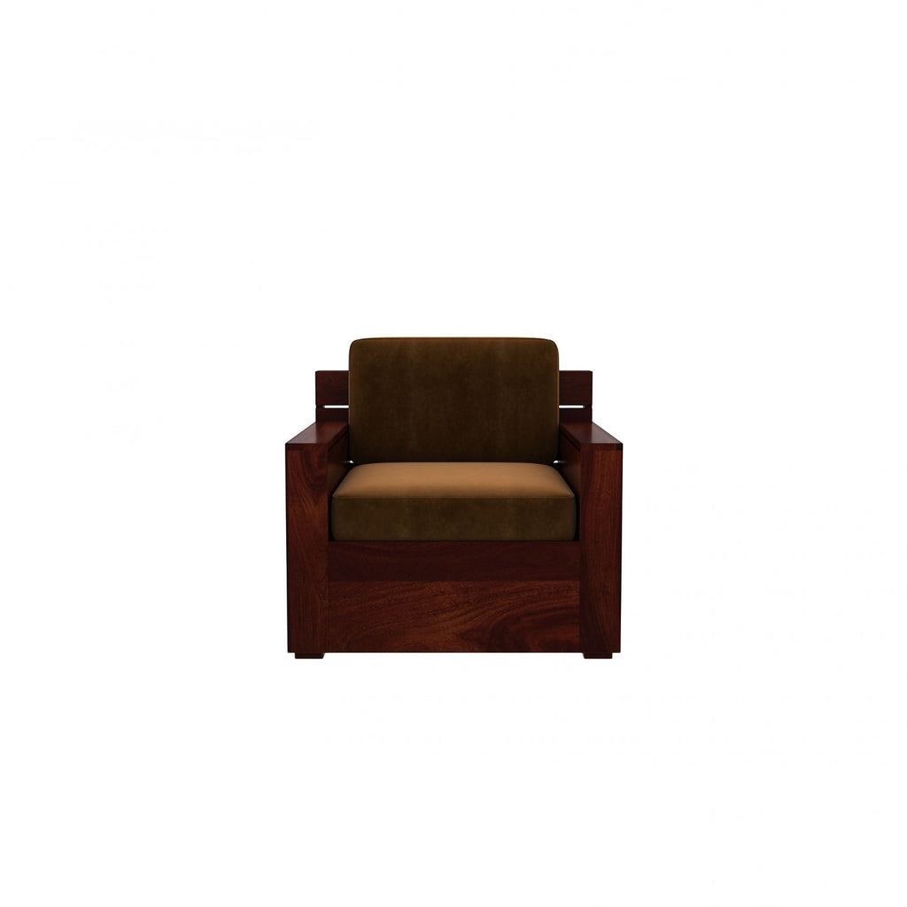 Homecrest Netley single seater sofa in brown upholstery with a dark walnut finish Sheesham wood frame