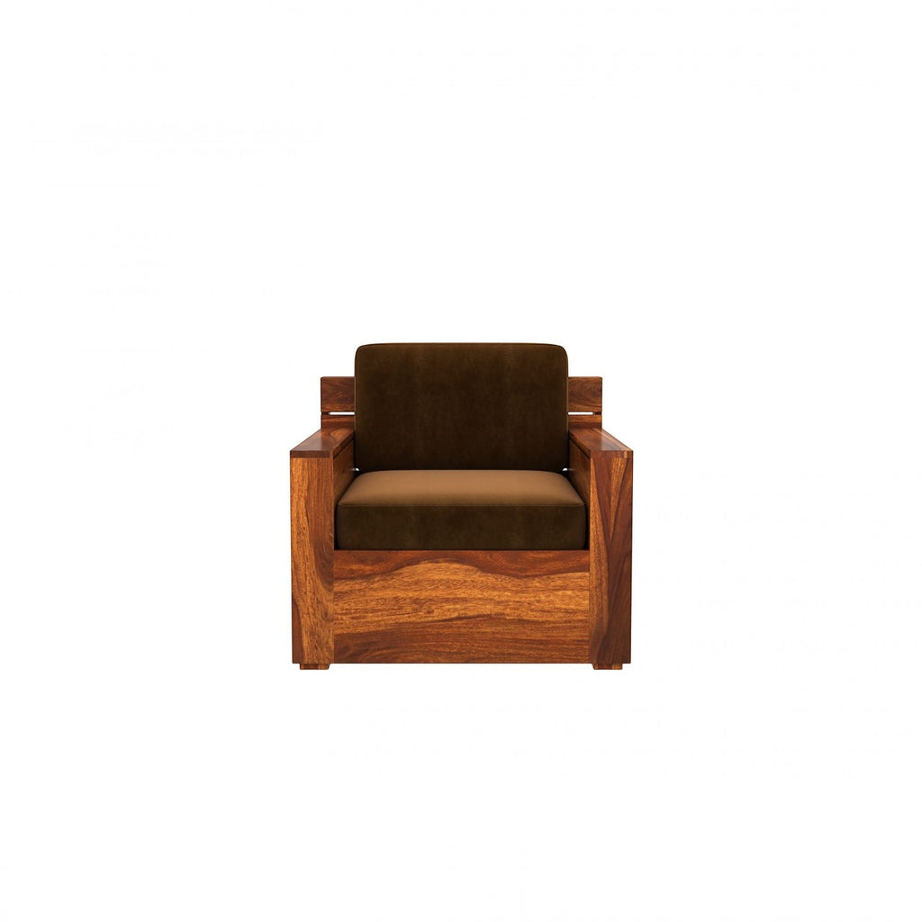 Homecrest Netley single seater sofa in brown fabric with a walnut finish solid Sheesham wood frame