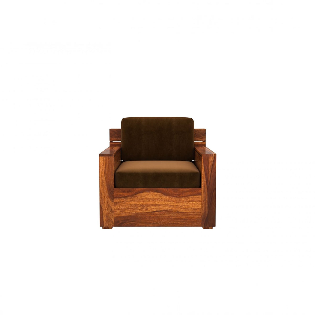 Homecrest Netley single seater sofa in brown fabric with a walnut finish solid Sheesham wood frame