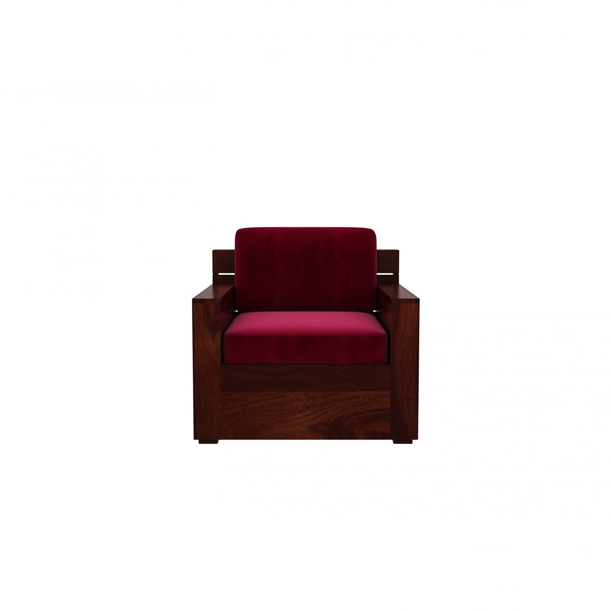 Homecrest Netley single seater armchair in burgundy velvet upholstery with a dark walnut finish Sheesham wood frame.