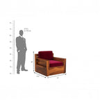 Homecrest Netley 5 Seater wooden armchair in burgundy fabric with walnut finish and dimension scale for reference