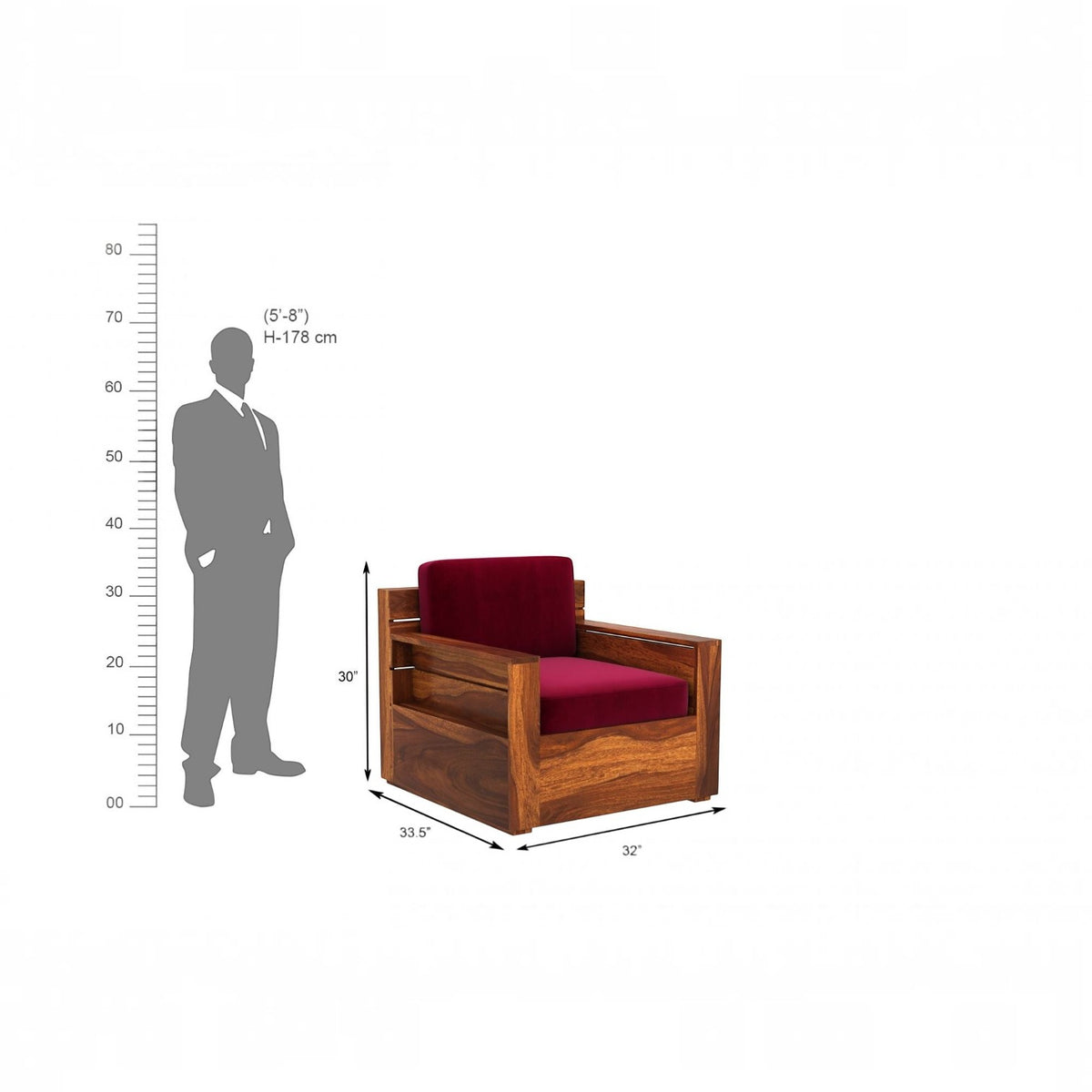 Homecrest Netley 5 Seater wooden armchair in burgundy fabric with walnut finish and dimension scale for reference