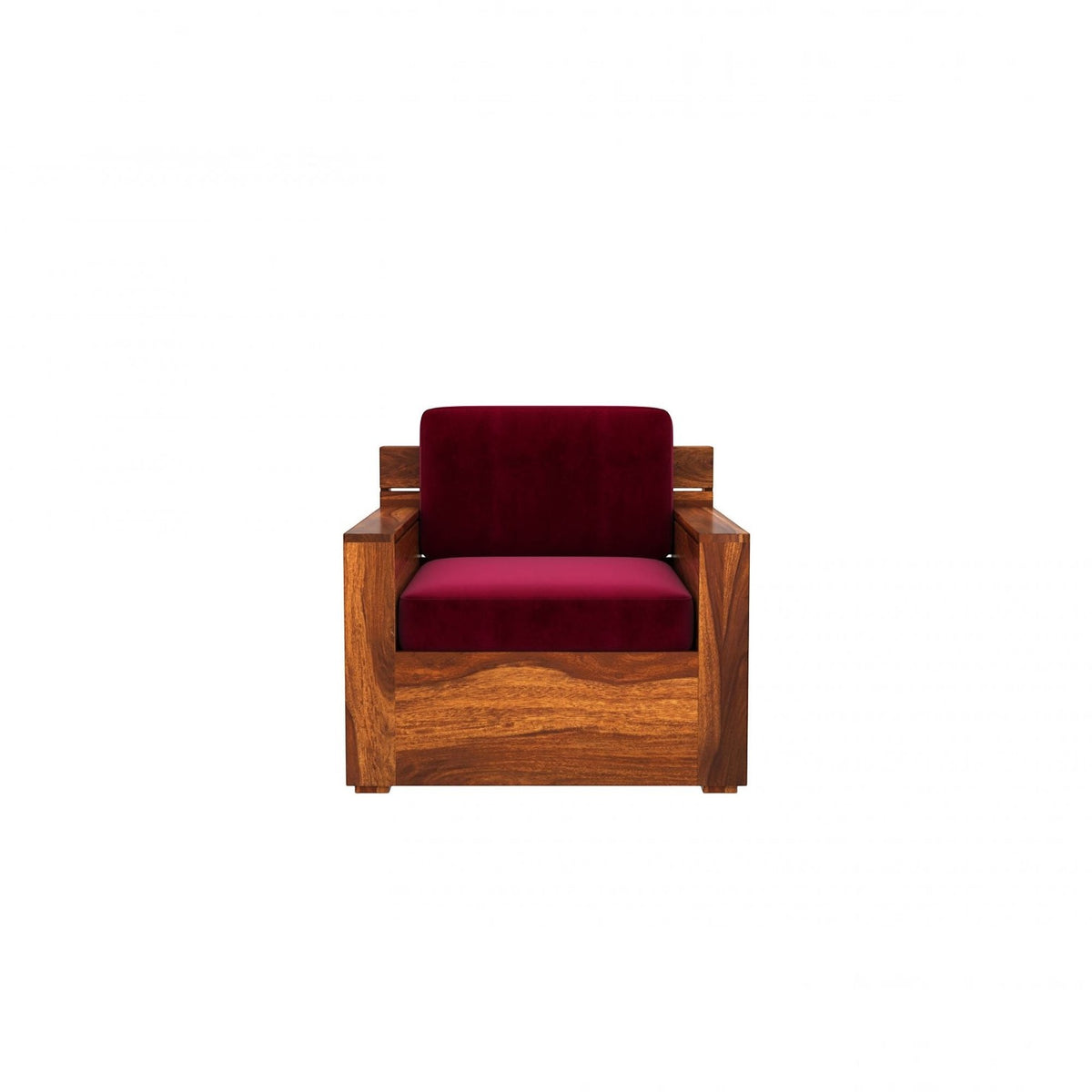 Homecrest Netley single seater armchair in burgundy velvet upholstery with a solid teak finish Sheesham wood frame