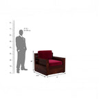 Homecrest Netley 5 seater wooden sofa set in burgundy fabric with a dark walnut wood finish and dimension diagram