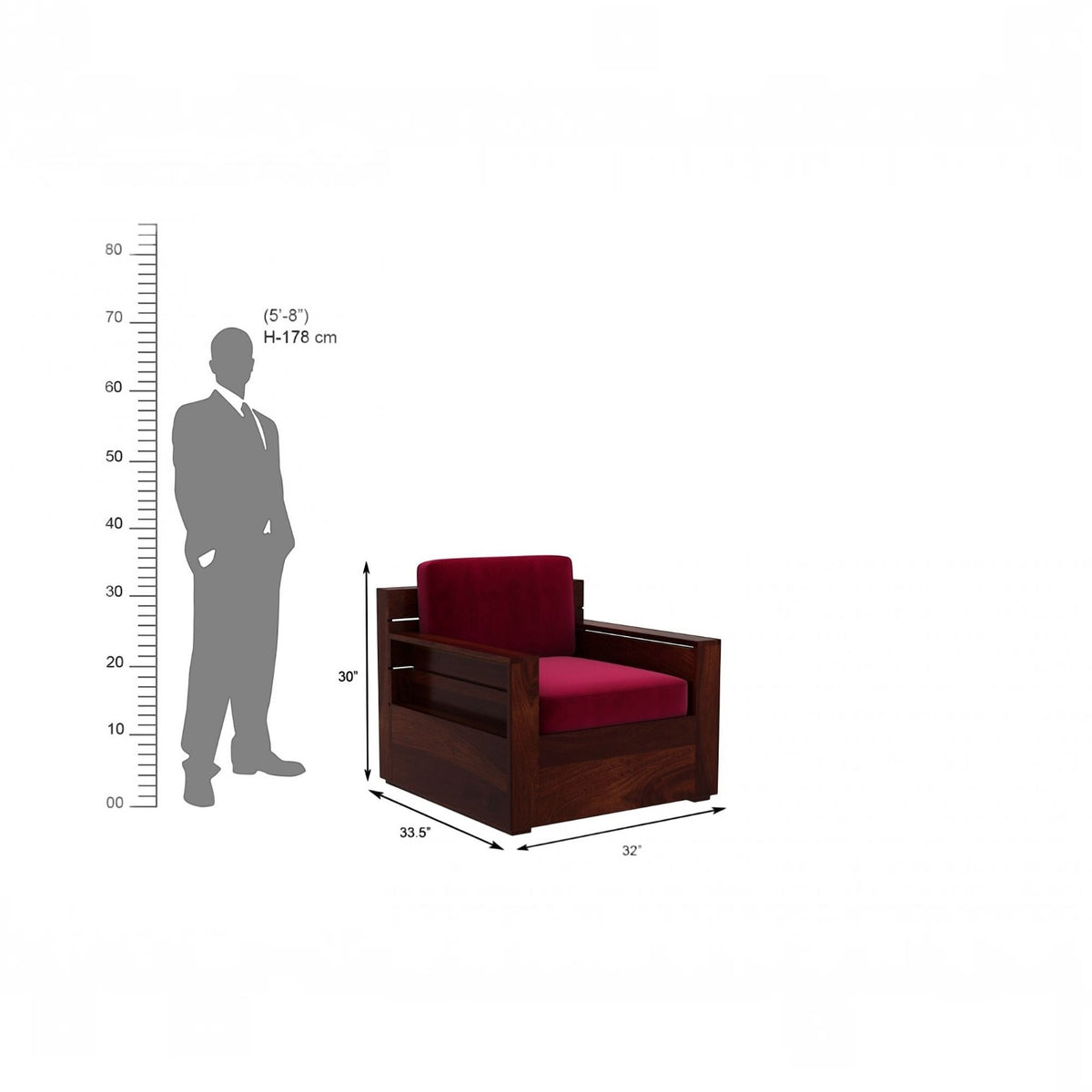 Homecrest Netley 5 seater wooden sofa set in burgundy fabric with a dark walnut wood finish and dimension diagram