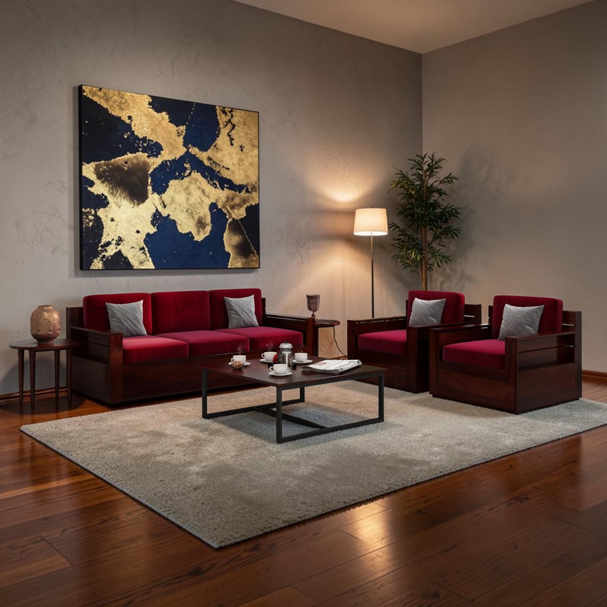Homecrest Netley 5 seater burgundy Chesterfield sofa set in Sheesham wood with high density foam cushions