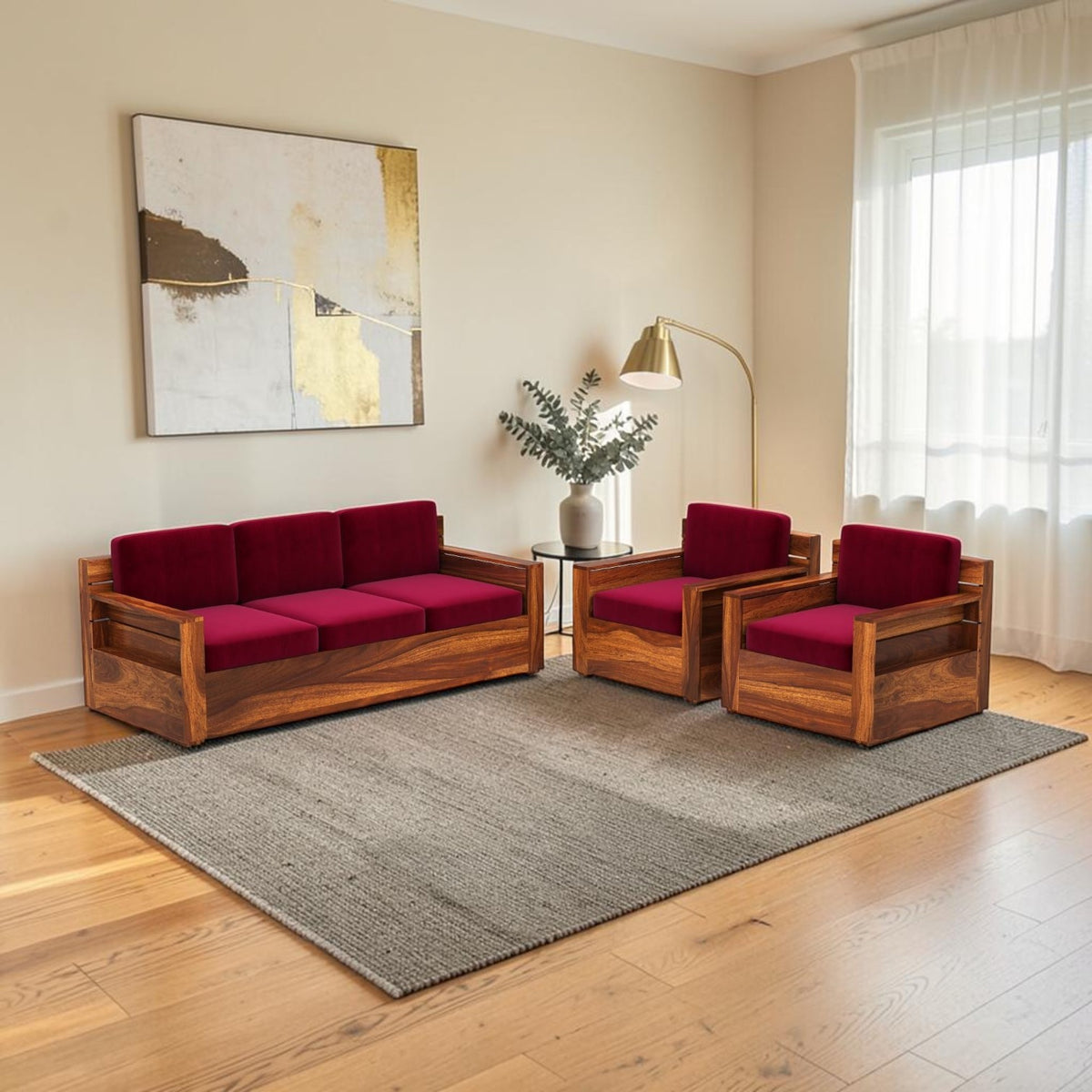 Homecrest Netley 5 seater Chesterfield sofa set in burgundy velvet with a rich walnut finish Sheesham wood frame