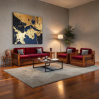 Homecrest Netley 5 seater burgundy velvet sofa set with walnut finish Sheesham wood frames in a modern living room.