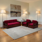 Homecrest Netley 5 seater sofa set in burgundy velvet with dark walnut sheesham wood frame in a modern living room