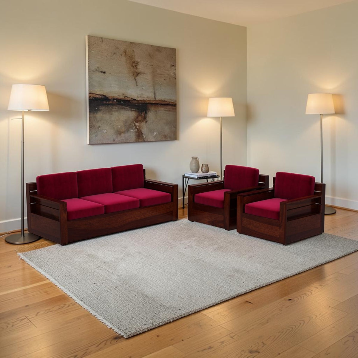 Homecrest Netley 5 seater sofa set in burgundy velvet with dark walnut sheesham wood frame in a modern living room