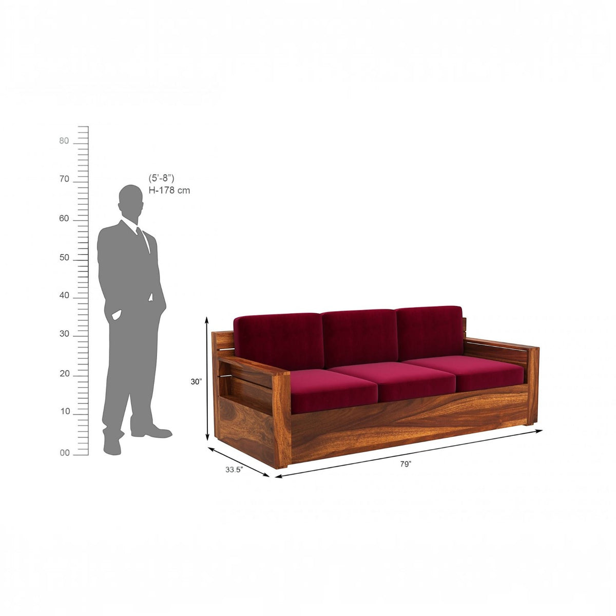 Homecrest Netley 3-seater sofa in burgundy velvet with a dark walnut finish sheesham wood frame and dimension guide