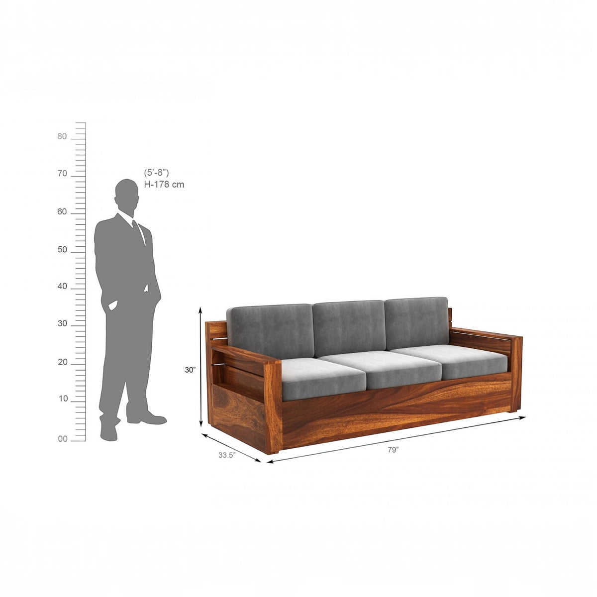 Homecrest Netley 5 seater Chesterfield sofa in walnut finish with grey high density foam cushions and dimension guide
