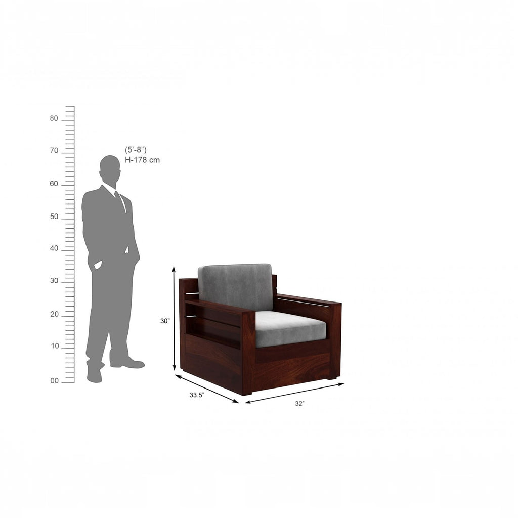 Homecrest Netley single seater wooden sofa with grey cushions and walnut finish, shown with height dimension diagram.