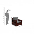 Homecrest Netley single seater wooden sofa with grey cushions and walnut finish, shown with height dimension diagram.