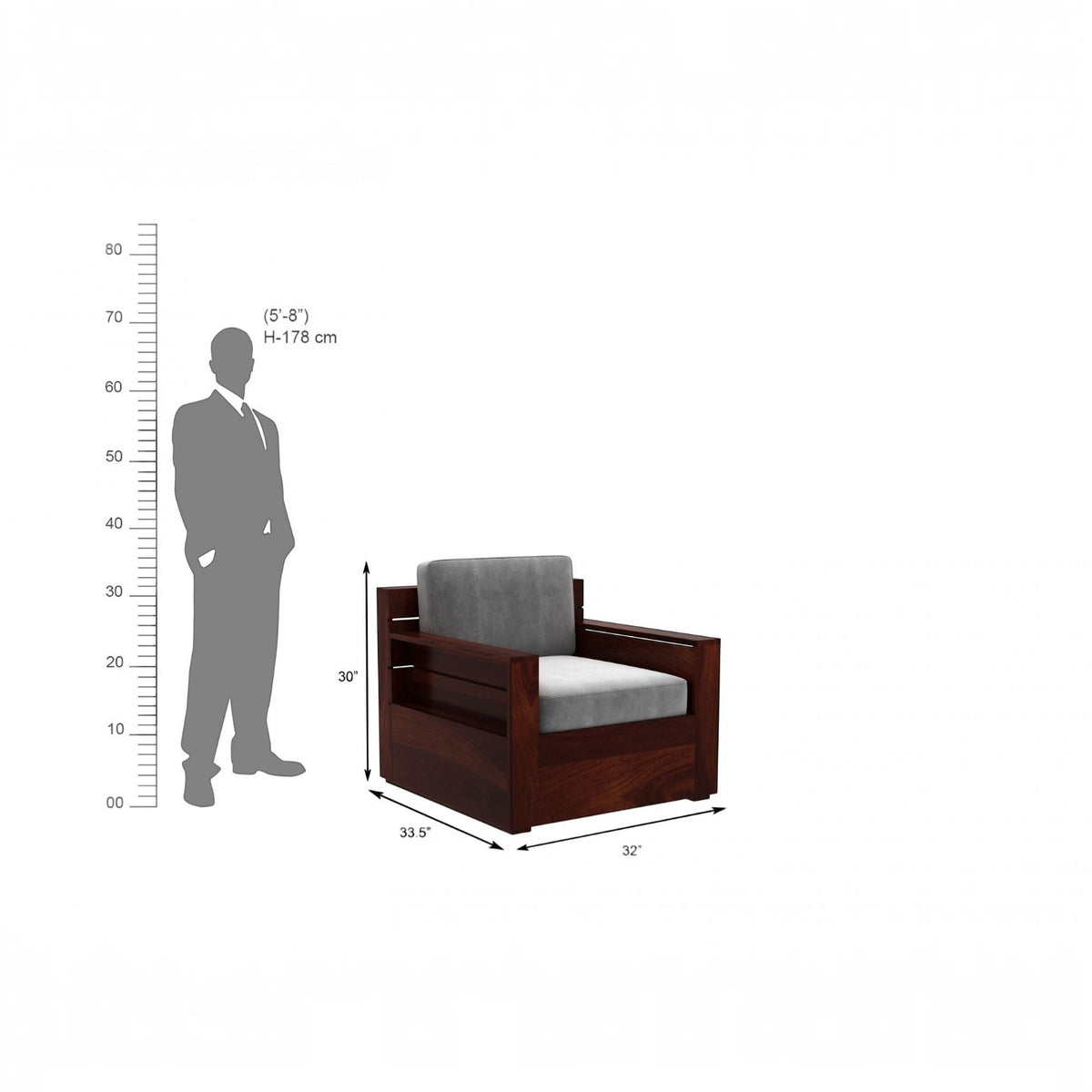 Homecrest Netley single seater wooden sofa with grey cushions and walnut finish, shown with height dimension diagram.