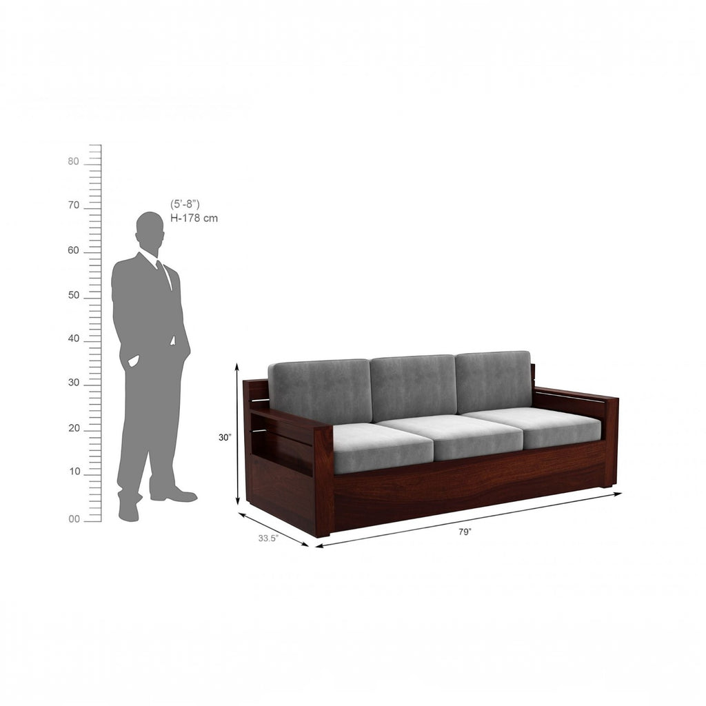 Homecrest Netley 5 seater wooden sofa in walnut finish with grey high density foam cushions and dimension diagram