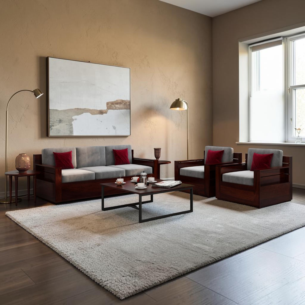 Homecrest Netley 5 seater wooden sofa set in walnut finish with grey cushions and red accent pillows in a living room